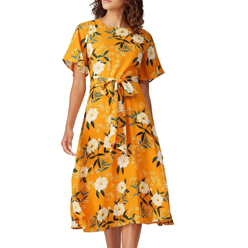 Rachel Roy Mustard Yellow White Floral Midi Dress LARGE Work Satin Designer $139